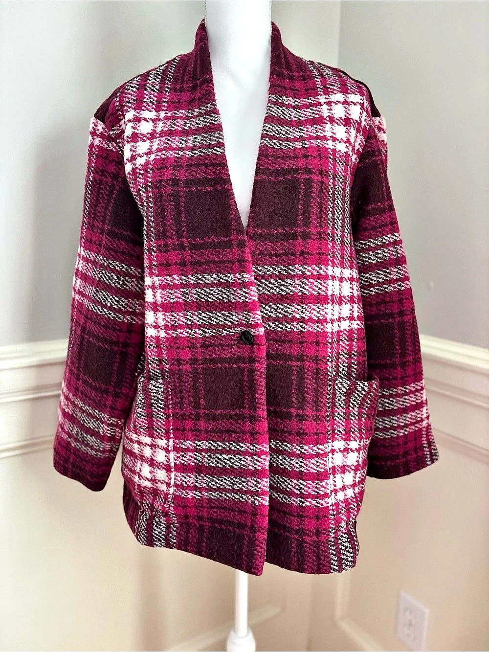 Banana Republic Knit Shawl Collar Plaid Knit  Boucle Coat